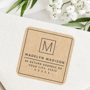 Modern monogram Kraft paper look return address Square Sticker