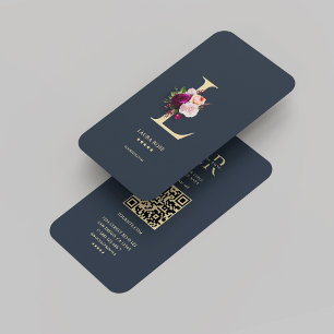 Modern Monogram L Floral Dark Blue Gold Business Card