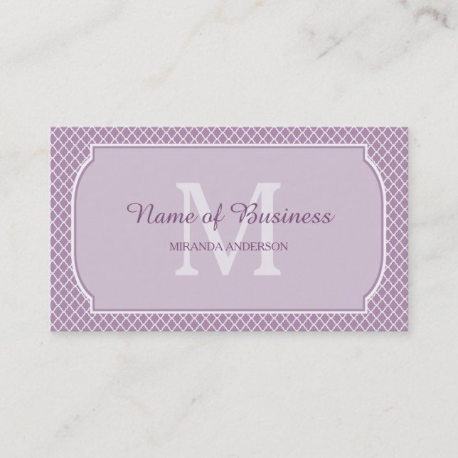 Modern Monogram Light Purple Quatrefoil With Name Business Card (Front)