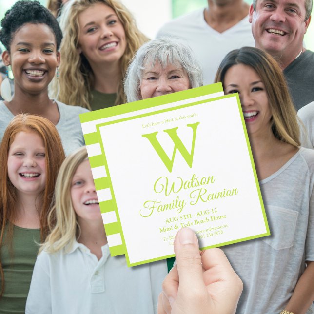 Modern Monogram Lime Green Stripes Family Reunion Invitation (Creator Uploaded)