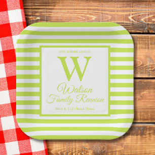 Modern Monogram Lime Green Stripes Family Reunion Paper Plate