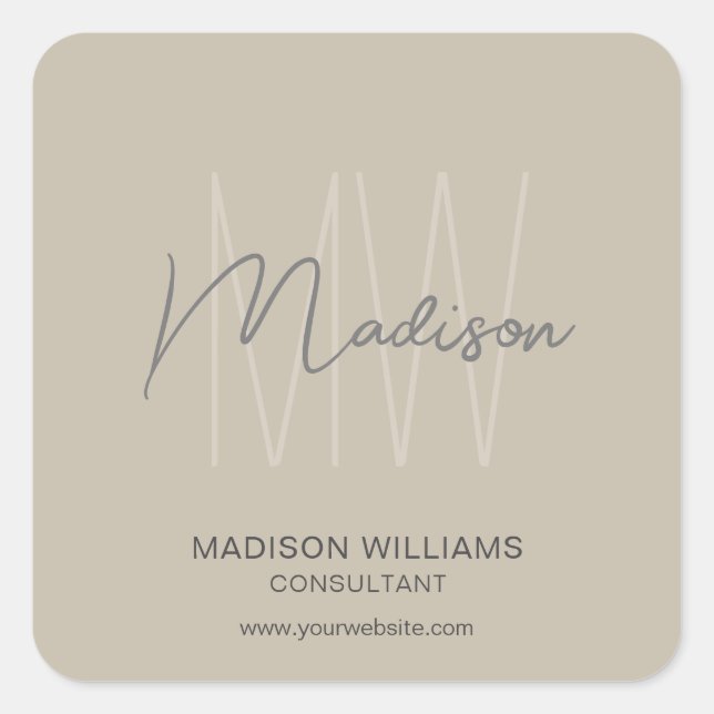 Modern Monogram Logo Beige Consultant Square Sticker (Front)