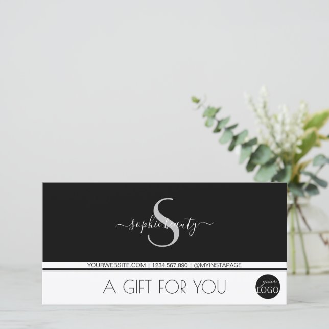 Modern Monogram Logo Black and White Gift Voucher (Standing Front)