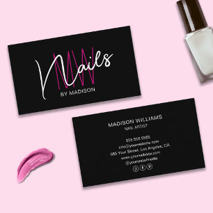 Modern Monogram Logo Black Pink Nail Artist Business Card