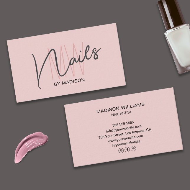 Modern Monogram Logo Blush Pink Nail Artist Business Card (Modern Monogram Logo Blush Pink Nail Artist Business Card)