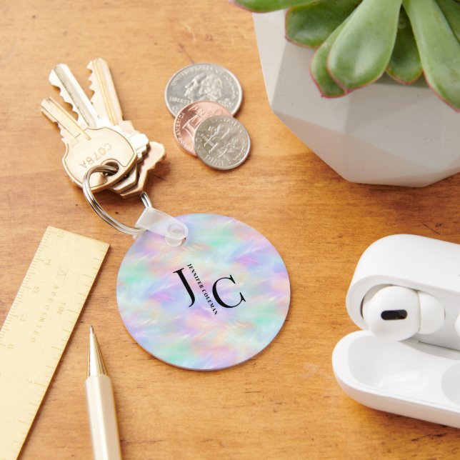 Modern Monogram Logo Iridescent Opal Stylish Key Ring (Desk)