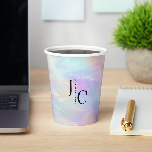 Modern Monogram Logo Iridescent Opal Stylish Paper Cups (Insitu)