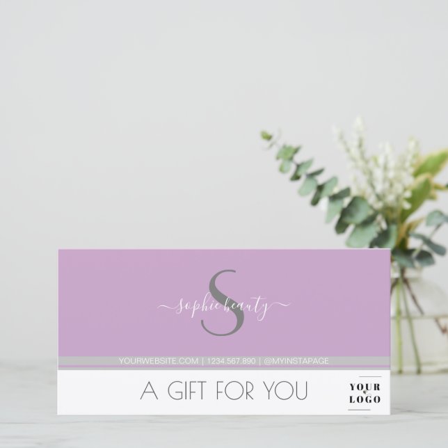 Modern Monogram Logo Lilac Salon Gift Certificate (Standing Front)