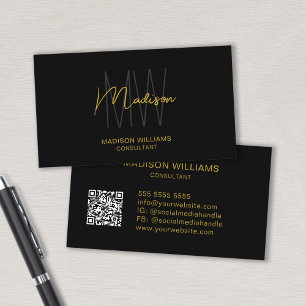 Modern Monogram Logo QR Code Black Gold Consultant Business Card