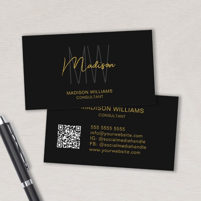 Modern Monogram Logo QR Code Black Gold Consultant Business Card (Modern Monogram Logo QR Code Black Gold Consultant Business Card)