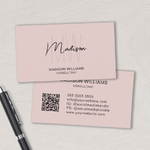 Modern Monogram Logo QR Code Blush Pink Consultant Business Card
