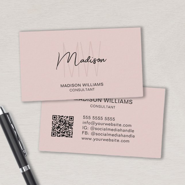 Modern Monogram Logo QR Code Blush Pink Consultant Business Card (Modern Monogram Logo QR Code Blush Pink Consultant Business Card)