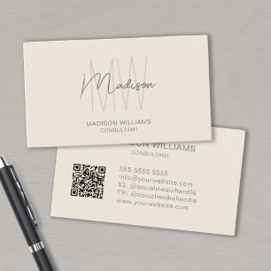 Modern Monogram Logo QR Code Cream Tan Consultant Business Card