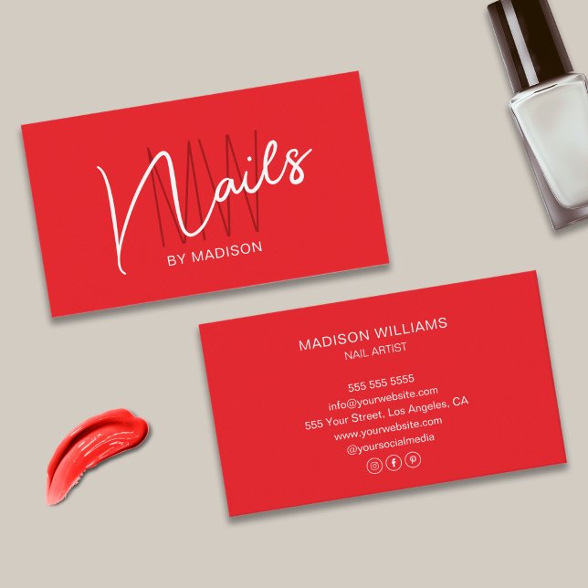 Modern Monogram Logo Red Nail Artist Business Card (Modern Monogram Logo Red Nail Artist Business Card)