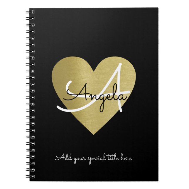 modern monogram love heart with her name black notebook (Front)