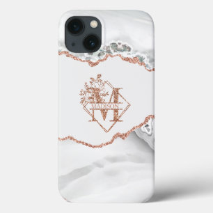 Modern Monogram M White Agate Marble Rose Gold  iPhone 13 Case