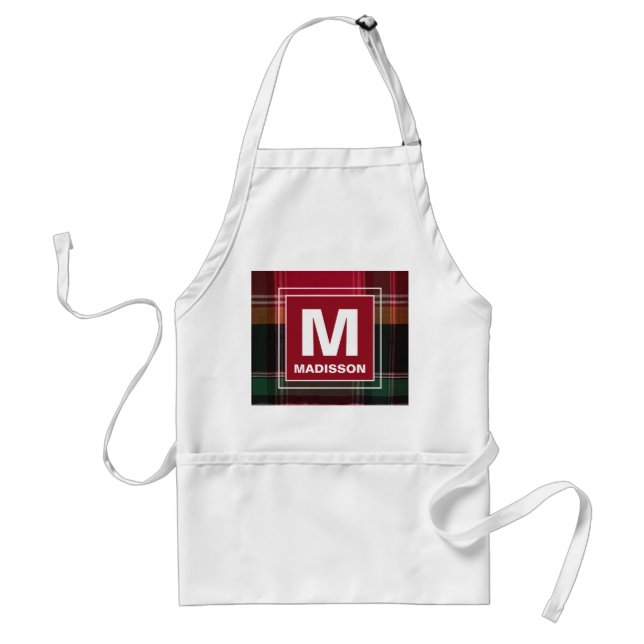 Modern Monogram Madras Plaid Pattern Personalise Standard Apron (Front)