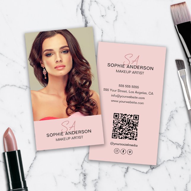 Modern Monogram Makeup Artist Photo Pink Business Card (Modern Monogram Makeup Artist Photo Pink Business Card)