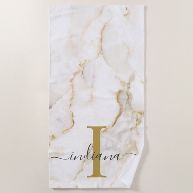 Modern Monogram Marble Pattern Personalised Beach Towel (Front)
