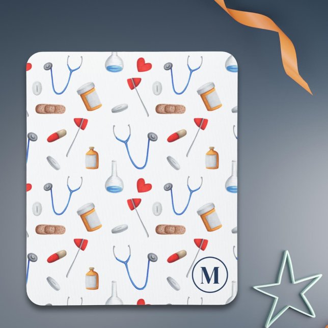 Modern Monogram Medical Pattern Nurse Mouse Pad (Creator Uploaded)