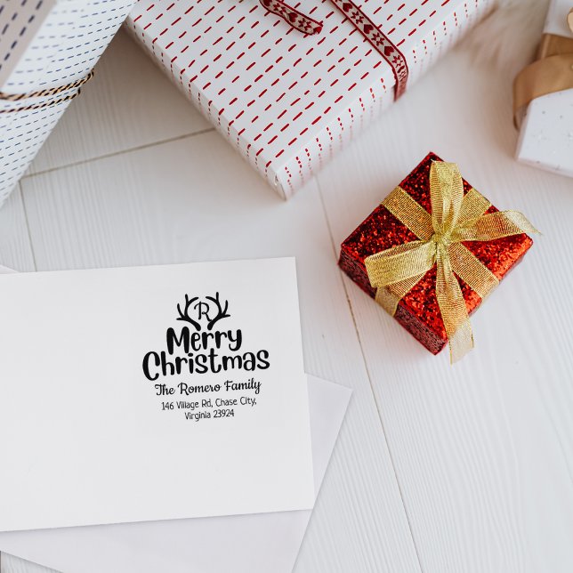 Modern Monogram Merry Christmas Family  Rubber Stamp (Creator Uploaded)