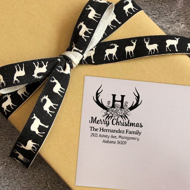 Modern Monogram Merry Christmas Floral Deer  Rubber Stamp (Creator Uploaded)