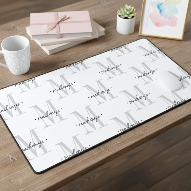 Modern Monogram Minimal Black White Desk Mat (Creator Uploaded)