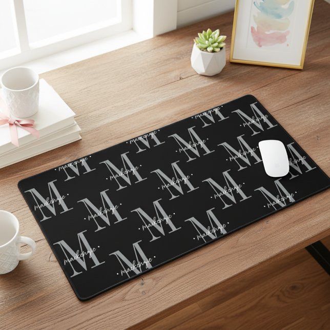 Modern Monogram Minimal Black White Desk Mat (Creator Uploaded)