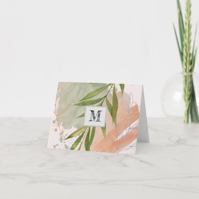 Modern Monogram Minimal Line Art Floral Note Card (Front)