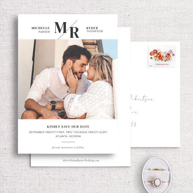 Modern Monogram Minimal Photo Save the Date Card (Creator Uploaded)