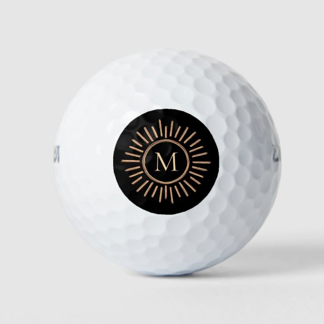 Modern Monogram Minimalist Black Yellow Gold Golf Balls (Front)