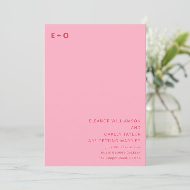 Modern Monogram Minimalist Pink Red QR Wedding Invitation (Standing Front)