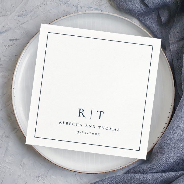 Modern Monogram Minimalist Wedding Napkin (Elegant Navy Blue and White Wedding Monogram Napkins.)