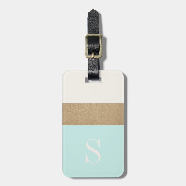 Modern Monogram Mint Green Gold Stripe Luggage Tag (Front Vertical)