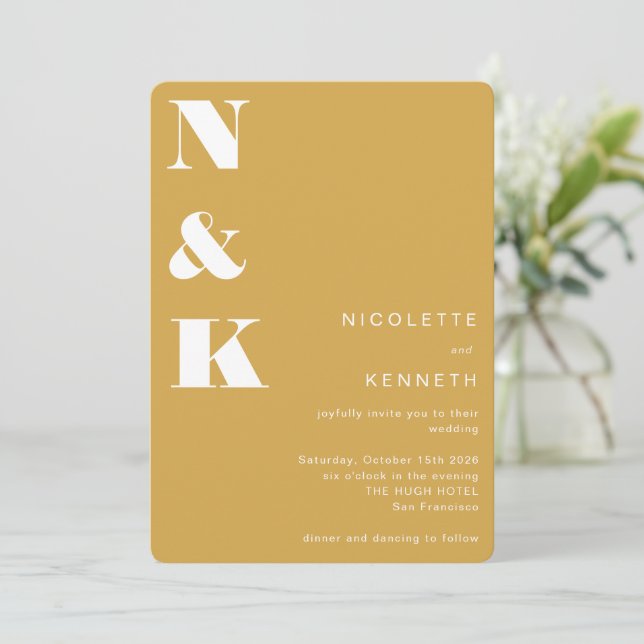 Modern Monogram Mustard Yellow Bold Chic Wedding Invitation (Standing Front)