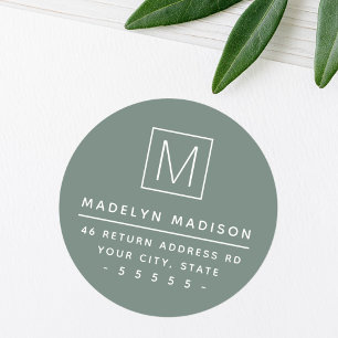 Modern monogram muted pine green return address classic round sticker