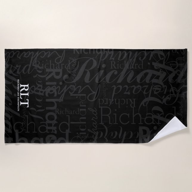 Modern Monogram Name Black Elegant Beach Towel (Front)