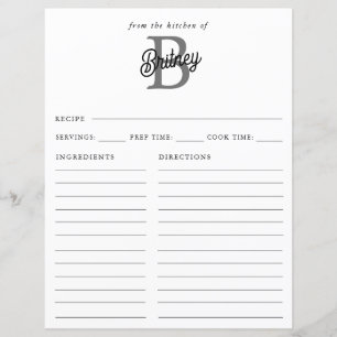 Modern Monogram Name Black Grey Script Recipe