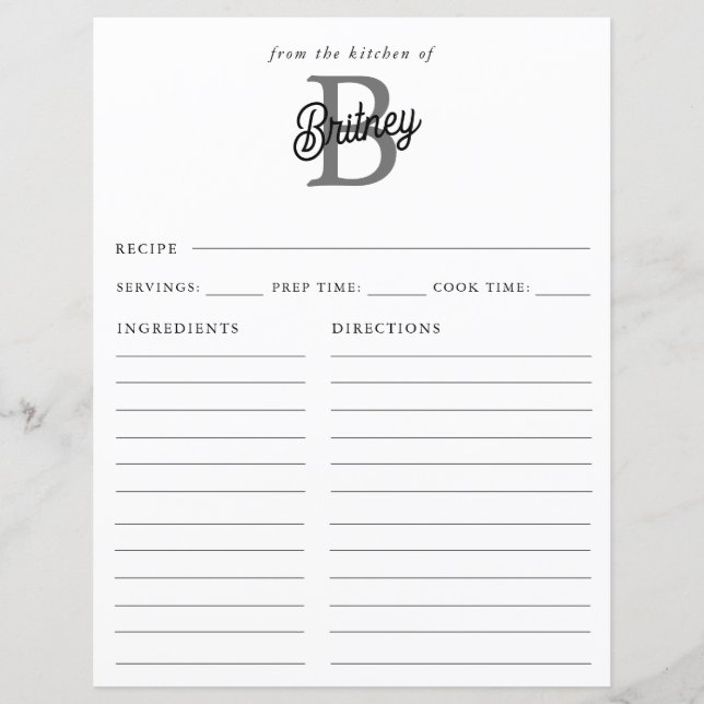 Modern  Monogram Name  Black Grey Script Recipe (Front)