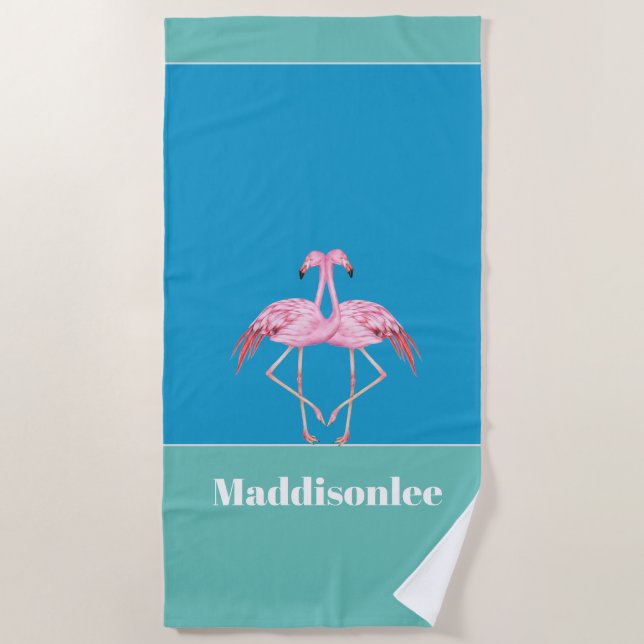 Modern Monogram Name Black Pink Flamingo Bath Towe Beach Towel (Front)