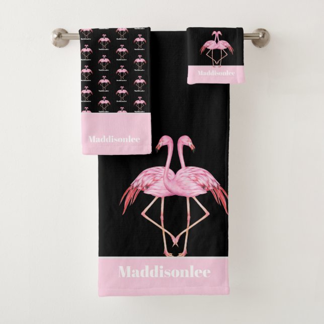 Modern Monogram Name Black Pink Flamingo Bath Towe Towel Set (Insitu)