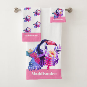 Modern Monogram Name Black Pink Flamingo Bathroom  Bath Towel Set