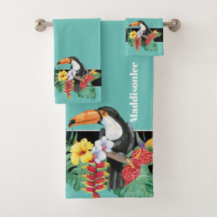 Modern Monogram Name Black Toucan Bathroom Bath Towel Set