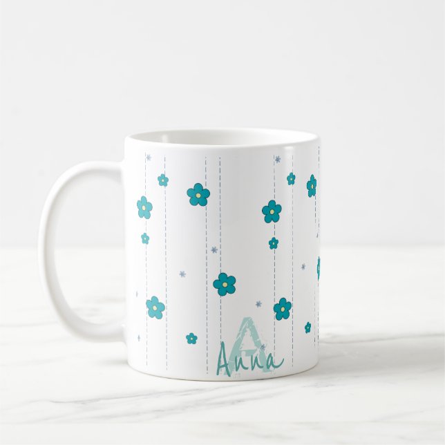 Modern Monogram Name Blue Flower Design Coffee Mug (Left)
