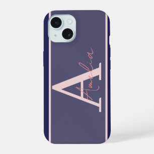 Modern Monogram Name Blue Pink iPhone 15 Case