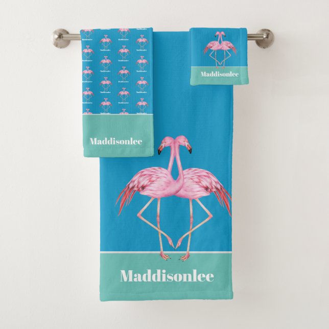 Modern Monogram Name Blue Teal Pink Flamingo Bath Towel Set (Insitu)