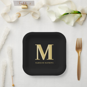 Modern monogram name bold typography gold black paper plate
