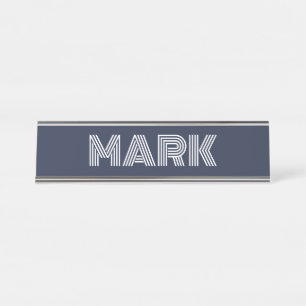 Modern Monogram Name Dark Blue Bold White Stripes Desk Name Plate
