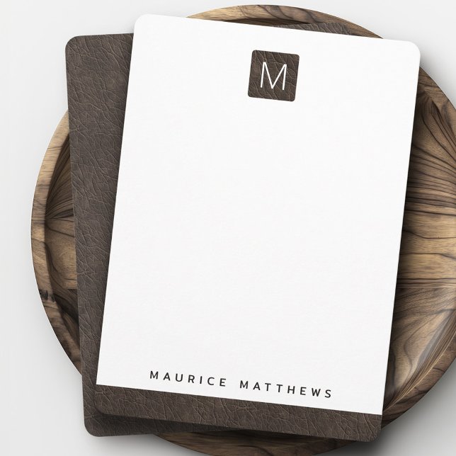 Modern monogram name dark brown leather look card (Modern monogram name dark brown leather look note card)