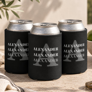 Modern Monogram Name Grey Black Can Cooler